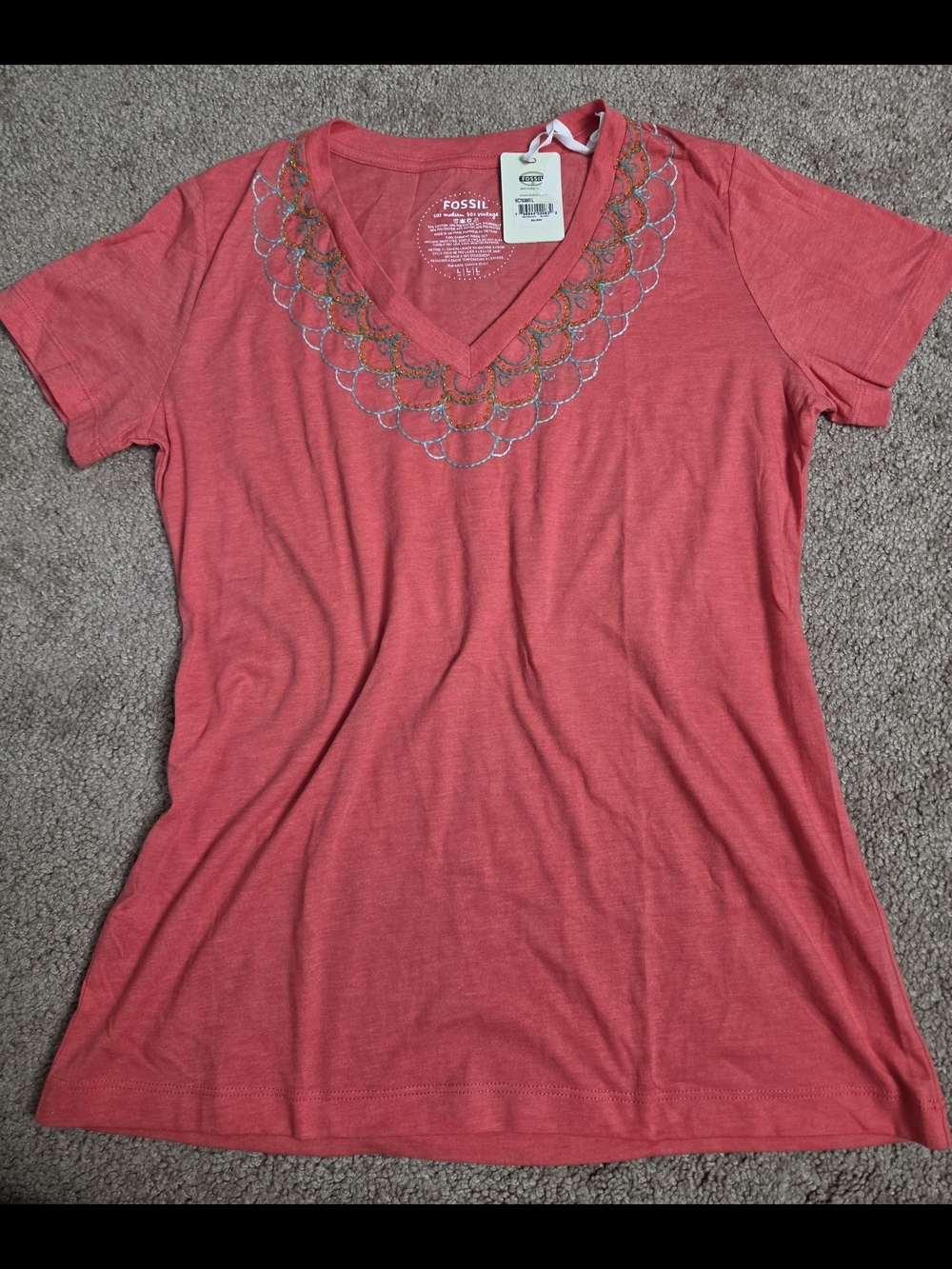 Fossil Women's Coral V-Neck Short Sleeve Embroidered Tee
